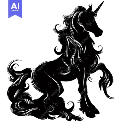 Aset premium populer: Black and White Silhouette of a Unicorn with a Curled Tail and Mane