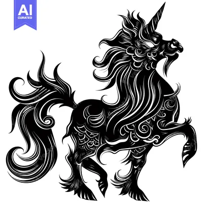 Aset premium populer: A Black and White Stylized Unicorn with a Detailed Mane
