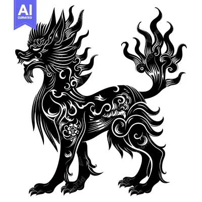 Black and White Illustration of a Chinese Mythical Lion with Intricate