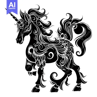 Aset desain premium: Ornate Black and White Silhouette of a Unicorn