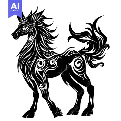 Aset desain premium: Ornate Black and White Silhouette of a Unicorn with Swirls