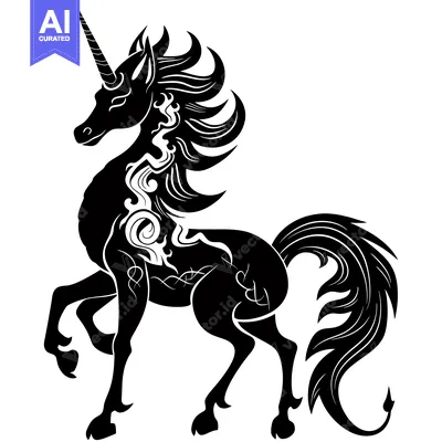 Premium design asset: Black and White Silhouette of a Unicorn with Ornate Detailing