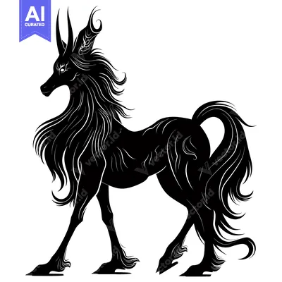 Premium design asset: Black and White Silhouette of a Mythical Unicorn-Like Creature