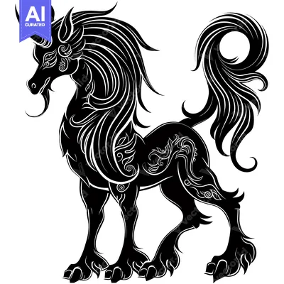 Popular premium asset: A stylized black and white illustration of a mythical unicorn with flo