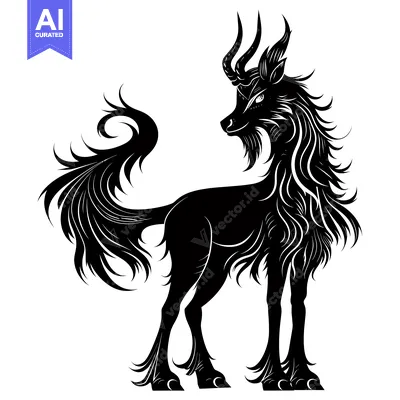 Aset premium populer: Black and White Silhouette of a Mythical Creature with Horns and a Lon
