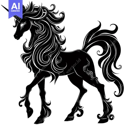 Premium design asset: Black and White Silhouette of a Unicorn with Curly Mane and Tail