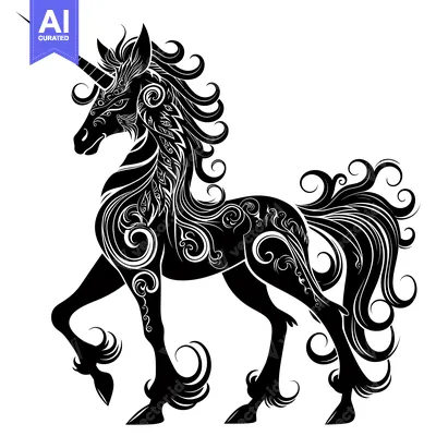 Aset desain premium: Ornate Black and White Silhouette of a Unicorn