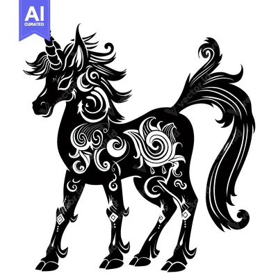 Premium design asset: Ornate Black and White Silhouette of a Unicorn