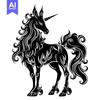 Aset desain premium: Black and White Stylized Unicorn Silhouette