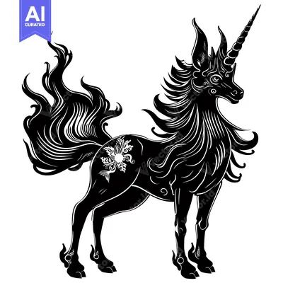 Aset desain premium: Black and White Silhouette of a Mythical Unicorn with a Detailed Flora