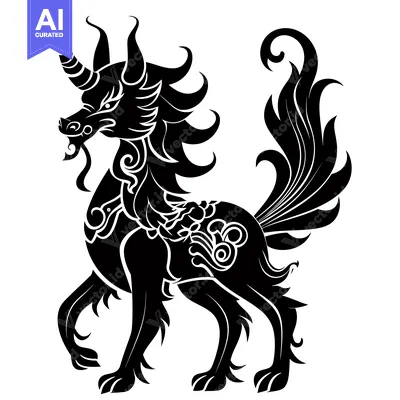 Aset desain premium: Ornate Black and White Silhouette of a Mythical Creature with a Horn a