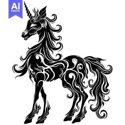 Popular premium asset: Ornate Black and White Unicorn Silhouette with Curly Mane and Tail