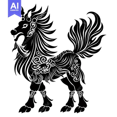 Popular premium asset: Black and White Illustration of a Mythical Lion-like Creature with Orn