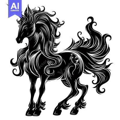 Ornate Black and White Silhouette of a Unicorn