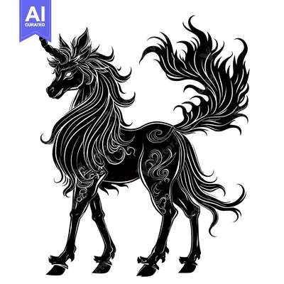 Aset desain premium: Black and White Stylized Unicorn Silhouette