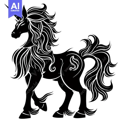 Aset premium populer: A stylized black silhouette of a unicorn with a flowing mane and tail