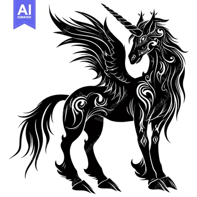 Aset desain premium: Ornate Black and White Winged Unicorn Silhouette