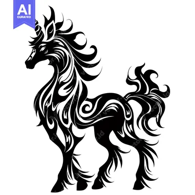 Popular premium asset: A Stylized Black and White Unicorn with a Swirled Horn and Detailed Ma