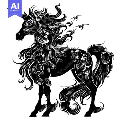 Aset desain premium: Ornamental Silhouette of a Majestic Unicorn with Flowing Mane and Tail