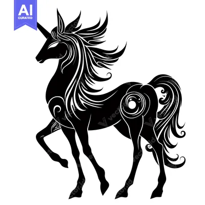 Aset desain premium: Ornate Black and White Silhouette of a Unicorn