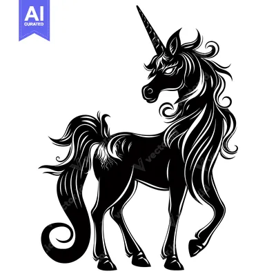 Premium design asset: Black and White Silhouette of a Unicorn with a Long, Spiral Horn