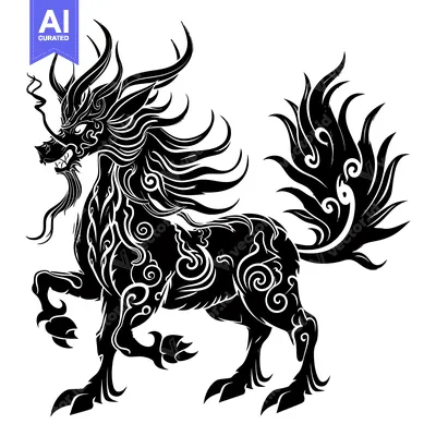 Aset desain premium: Black and White Stylized Dragon-like Creature with Ornate Detail