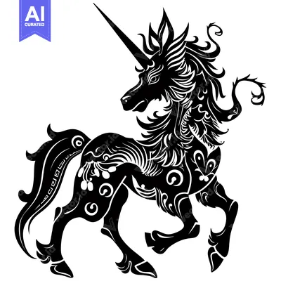 Aset desain premium: A stylized black and white silhouette of a unicorn with a long horn an