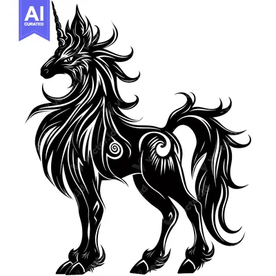 Aset desain premium: A Black and White Stylized Illustration of a Unicorn