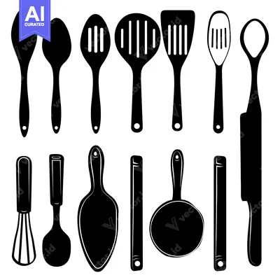 Popular premium asset: Black and White Silhouettes of Various Kitchen Utensils