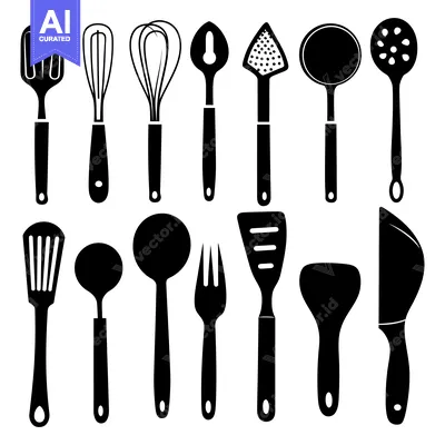 Aset desain premium: Black and White Silhouettes of Various Kitchen Utensils