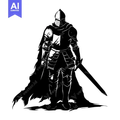 Aset desain premium: A Silhouetted Medieval Knight in Full Armor Holding a Sword