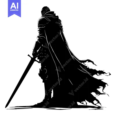 Aset desain premium: A Silhouette of a Knight in Full Armor Holding a Sword and Wearing a C