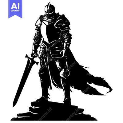Aset desain premium: A Silhouetted Knight Standing on a Rock, Holding a Sword