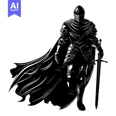 Aset desain premium: Silhouette of a Medieval Knight in Full Armor with a Sword and a Cape