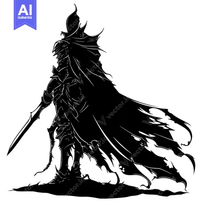 Aset desain premium: Silhouette of a Knight with a Torn Cloak and Sword