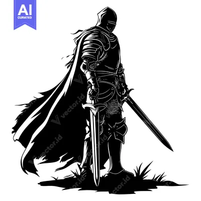 Aset premium populer: A Black and White Silhouette of a Knight with a Sword