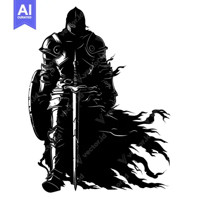 Aset premium populer: A Silhouette of a Medieval Knight in Full Armor with a Sword and Shiel