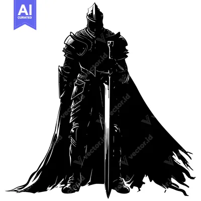 Aset desain premium: A Silhouetted Knight in Full Armor Holding a Sword