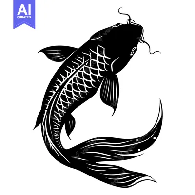Aset premium populer: Black and White Silhouette of a Koi Fish with Detailed Scales and Fins