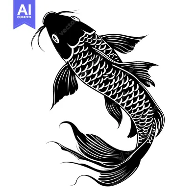 Black and white silhouette of a swimming koi fish