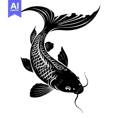 Premium design asset: Black and White Silhouetted Koi Fish with Detailed Fins and Scales