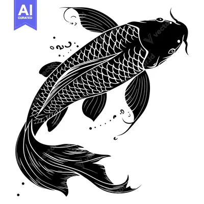 Aset desain premium: Black and White Illustration of a Koi Fish with Detailed Scales and Fi