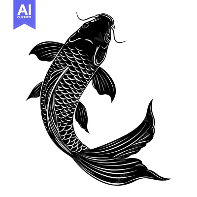 Aset desain premium: Black and White Silhouette of a Swimming Koi Fish