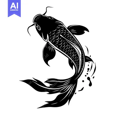 Black and White Illustration of a Leaping Koi Fish