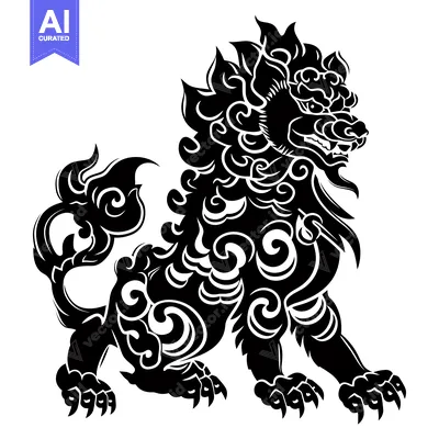 Aset desain premium: Black and White Illustration of a Guardian Lion with Intricate Floral