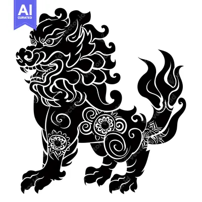 Popular premium asset: Black and White Ornate Silhouette of a Chinese Guardian Lion