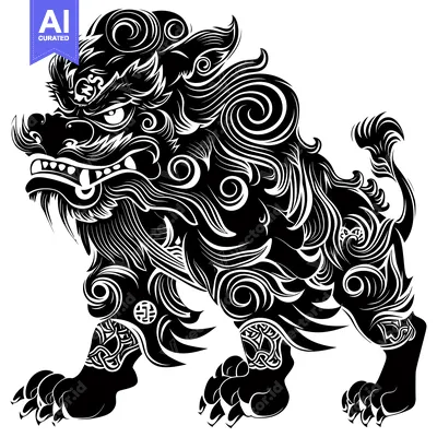 Aset desain premium: Black and White Stylized Illustration of a Chinese Guardian Lion