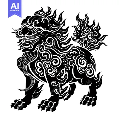 Aset desain premium: Black and White Illustration of a Chinese Guardian Lion with Intricate