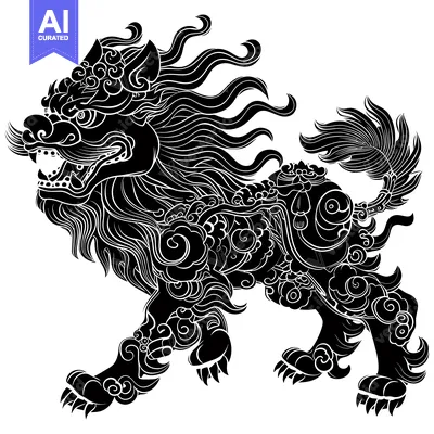 Premium design asset: Black and White Illustration of a Mythical Lion with Elaborate Design