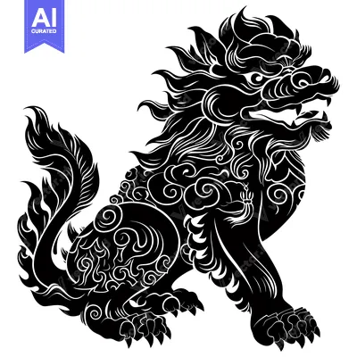 Black and white silhouette of a mythical Chinese guardian lion with or